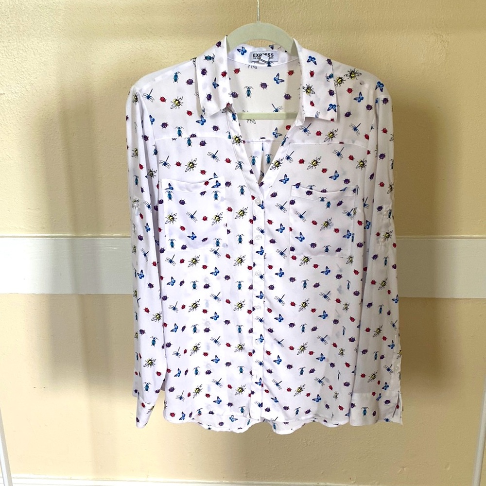 Express, Large, White w/ Bug Print, Button Down Portofino Shirt